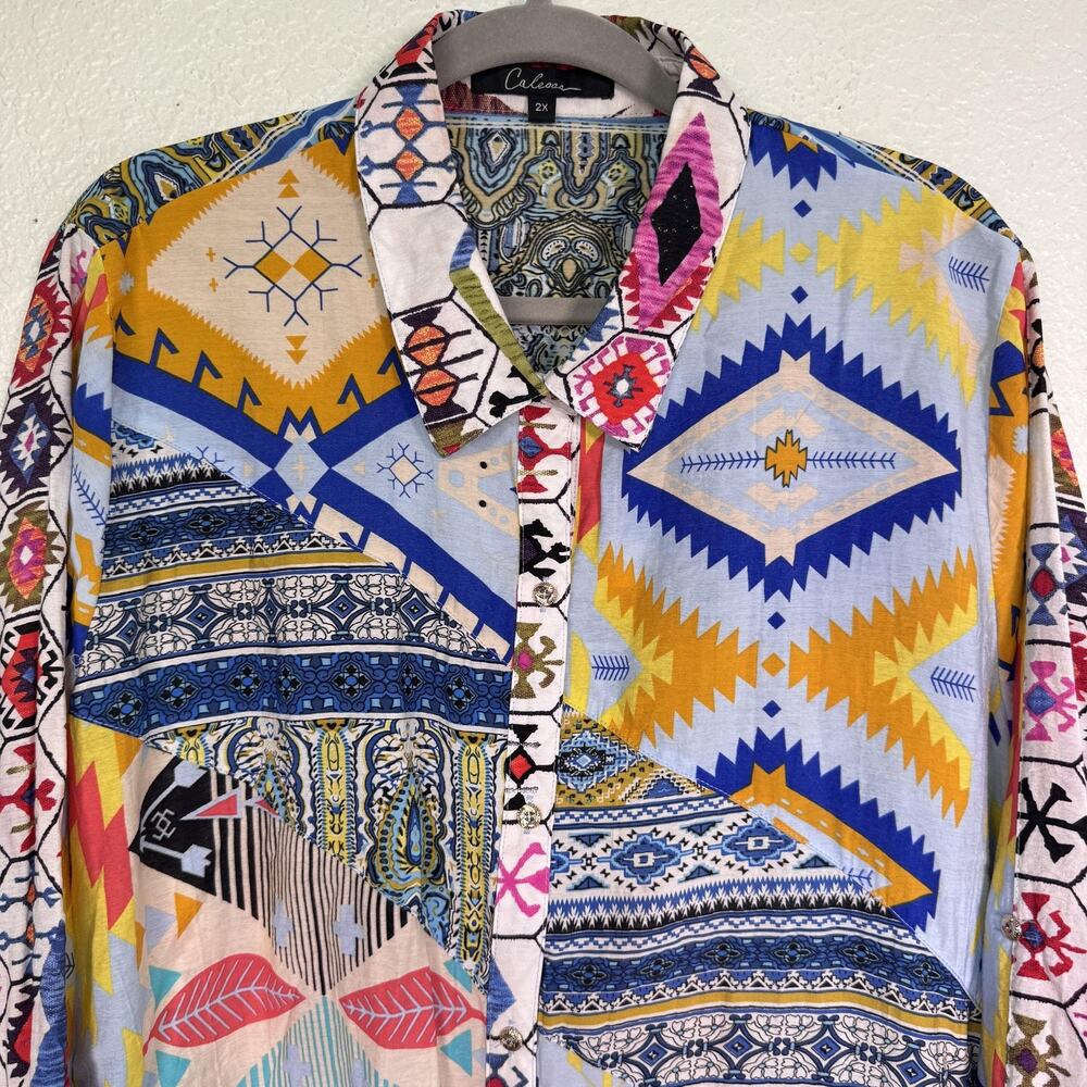 Calessa Top Womens 2X Geometric Button Front Boho Tunic Blouse Tribal Multicolor - Picture 5 of 11